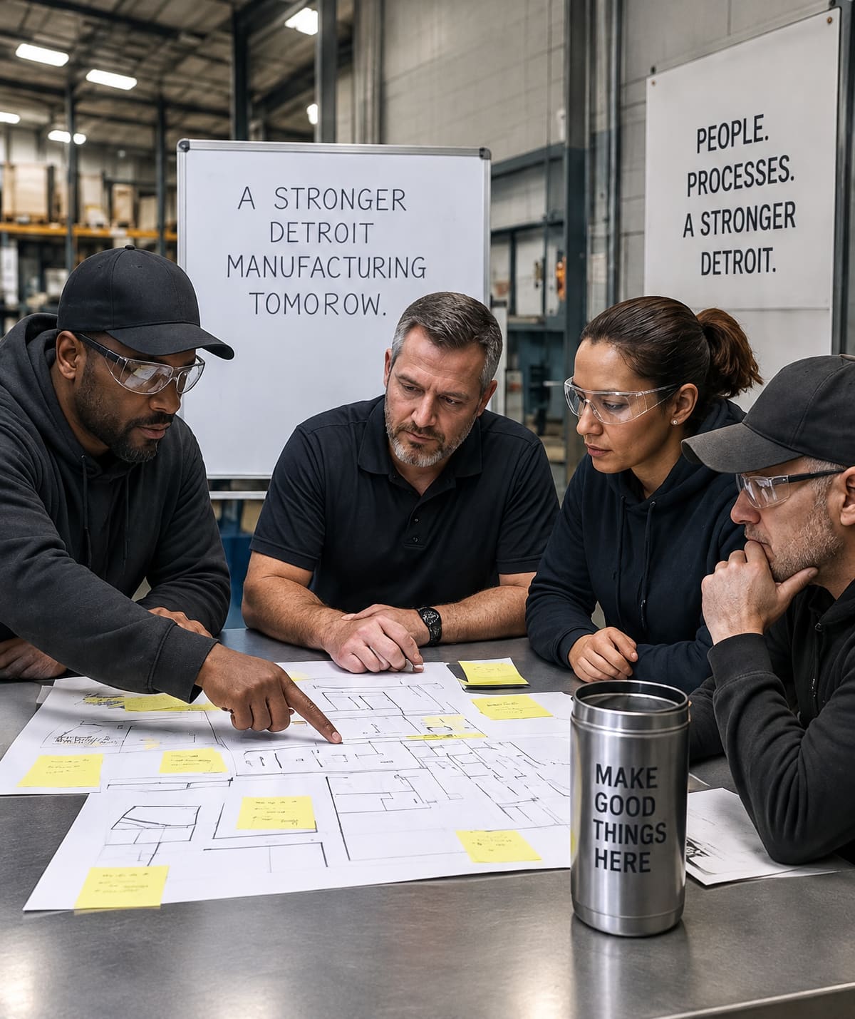 Four manufacturing supervisors and operators in dark work shirts and safety glasses lean over a workshop table covered in a printed process map and yellow sticky notes, in a factory meeting room