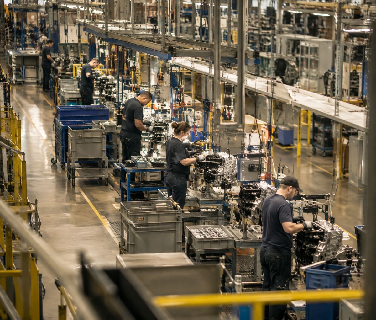 A manufacturing floor seen from a raised walkway, with a production line, workstations and parts bins under overhead lights